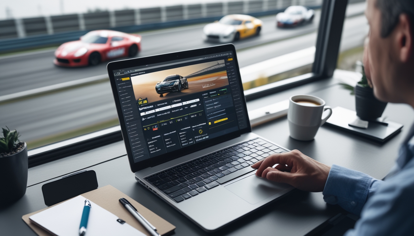 Seorang pria menggunakan laptop dengan tampilan platform taruhan balap mobil online, di latar belakang terlihat balapan mobil yang sedang berlangsung.