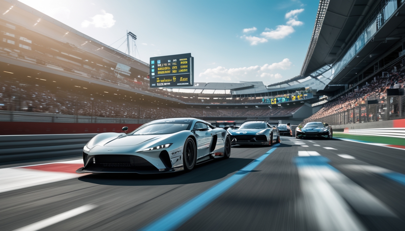 Lomba balap mobil futuristik dengan mobil-mobil modern yang melaju di lintasan balap dan penonton di stadion besar.