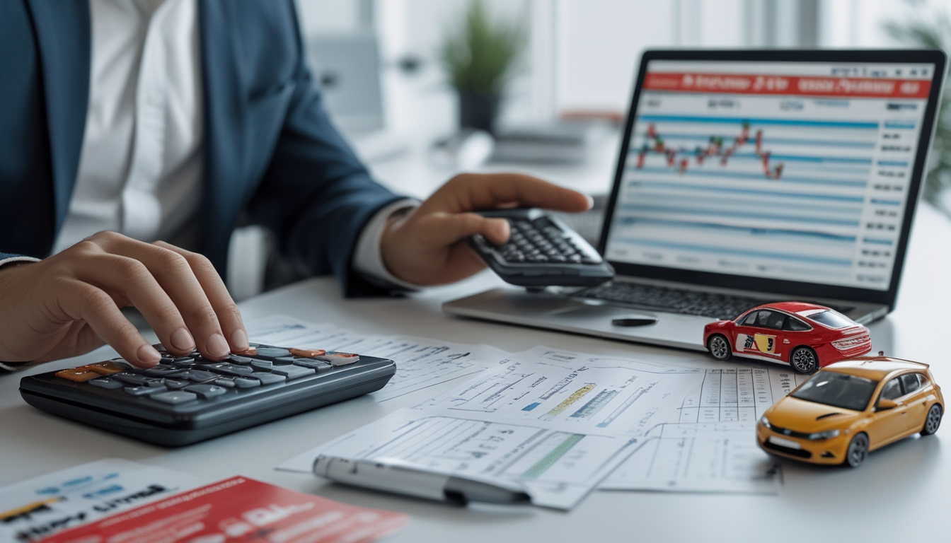 Seseorang sedang menghitung keuangan dan menganalisis grafik dengan model mobil balap mini dan alat taruhan di meja.