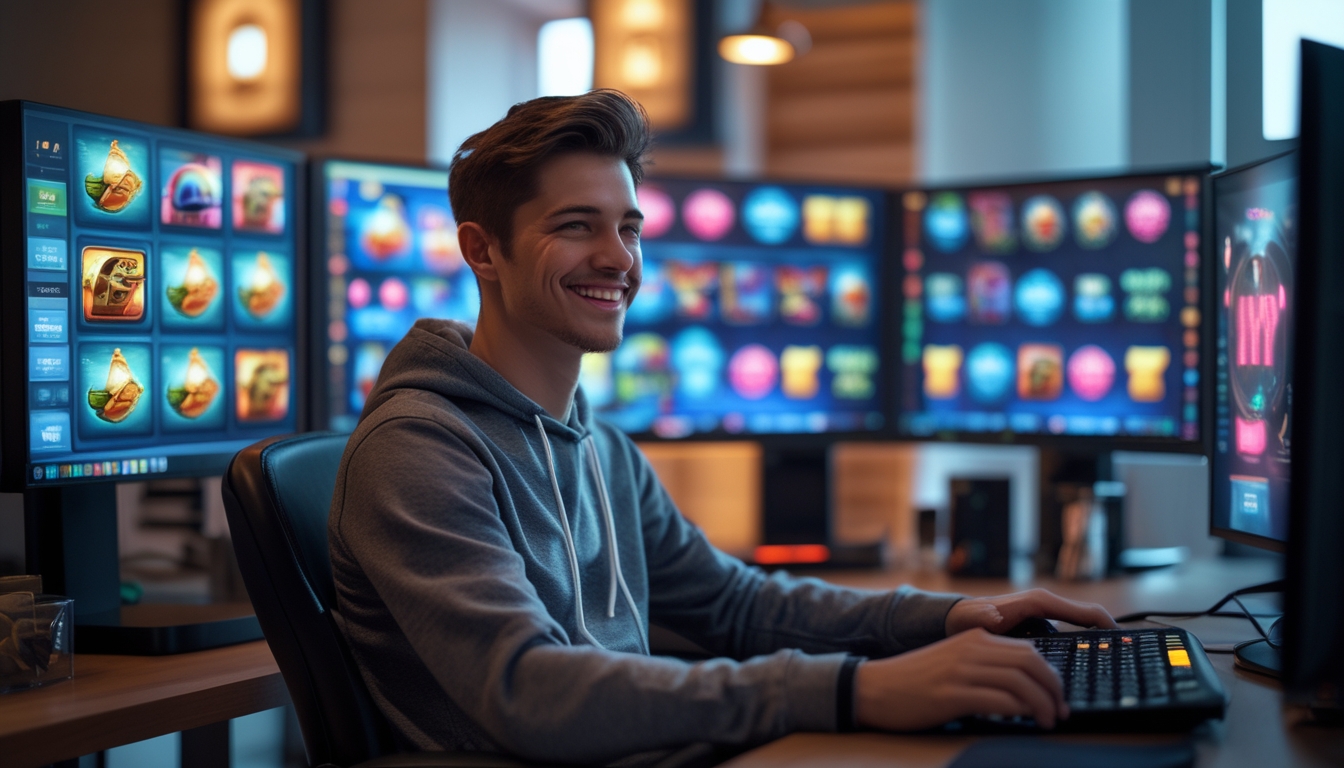 Seseorang sedang bermain permainan slot online di komputer dengan layar menampilkan grafik permainan berwarna-warni dalam ruangan yang terang dan rapi.