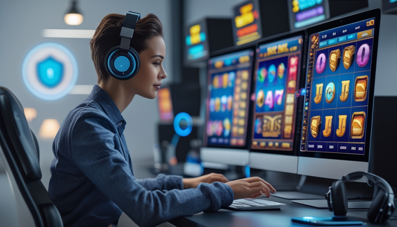 Seseorang menggunakan laptop di meja kerja dengan layar menampilkan permainan slot online yang berwarna-warni dan modern.