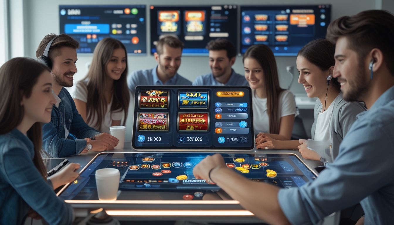 Sekelompok orang muda bekerja bersama di kantor modern dengan layar digital menampilkan grafik permainan slot online dan data terkait.