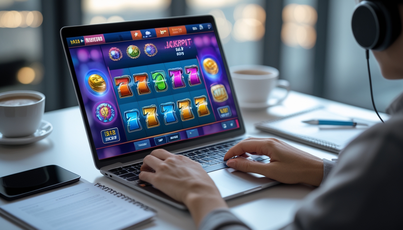 Seorang pengguna sedang duduk di depan laptop yang menampilkan permainan slot online dengan simbol jackpot, di meja terdapat catatan dan pena.