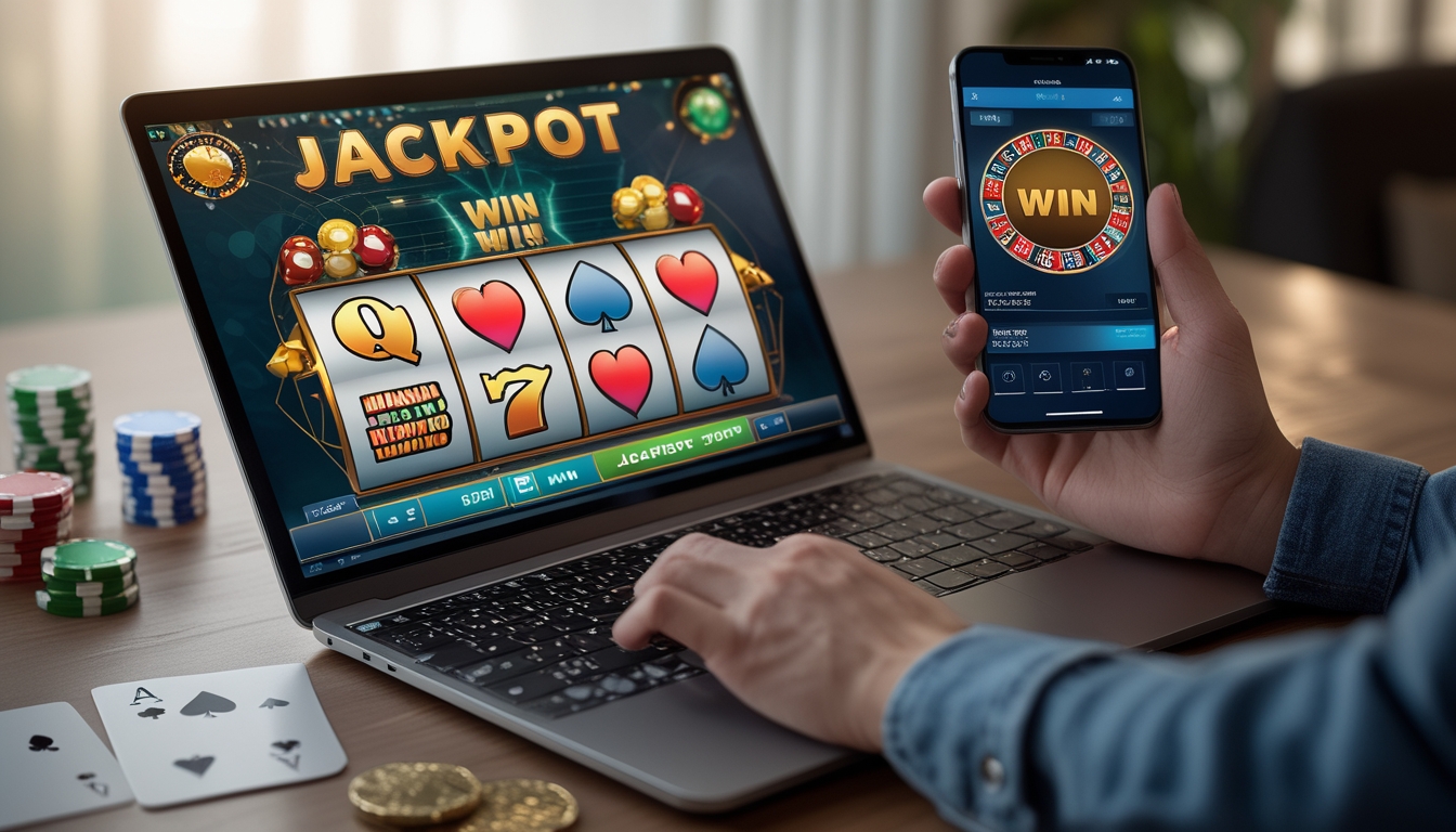 Seseorang menggunakan laptop dengan tampilan permainan slot online dan beberapa chip poker di meja.