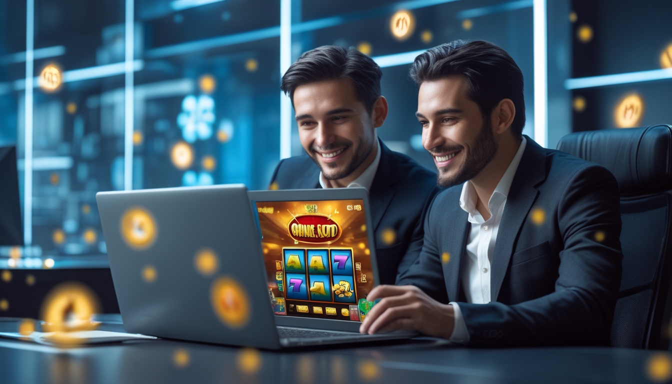Seorang pria dan wanita duduk bersama di kantor modern, tersenyum sambil melihat layar laptop dengan grafik permainan slot online.