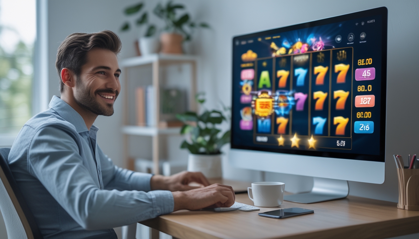 Seorang pria muda duduk di meja modern menggunakan komputer untuk bermain permainan slot online dengan ekspresi senang dan antusias.