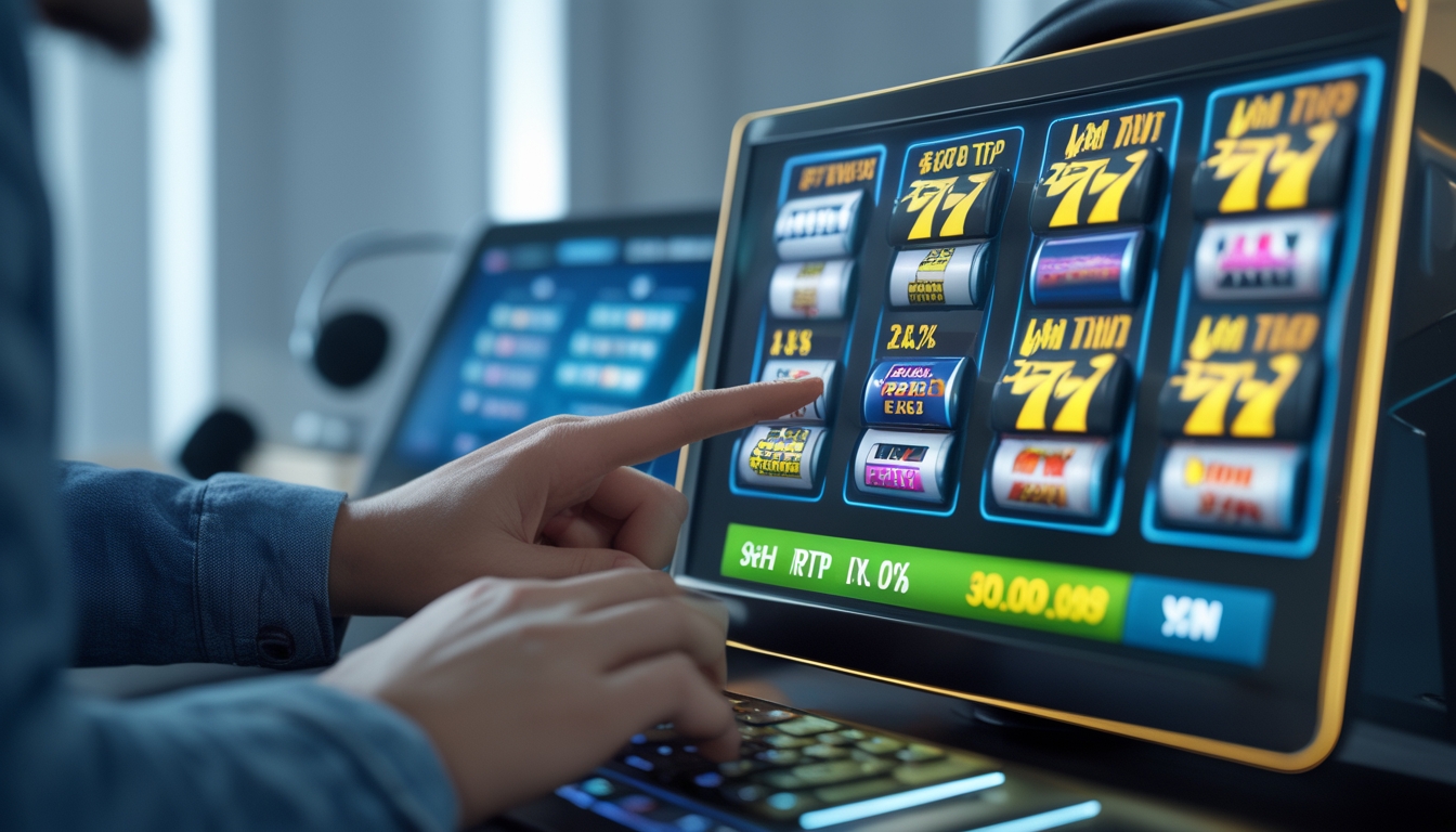 Seseorang menggunakan layar sentuh dengan grafik mesin slot online di meja kerja yang rapi dan terang.