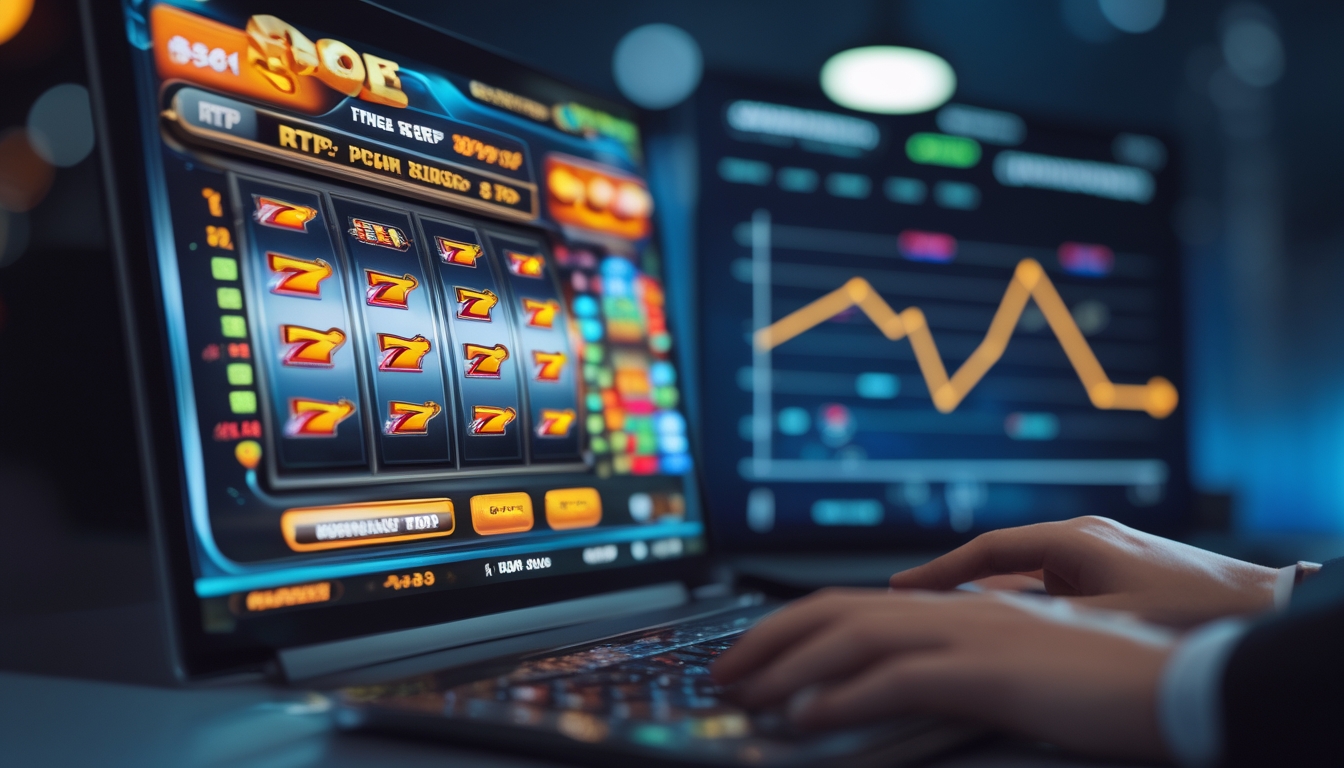 Tangan seseorang bermain mesin slot online di depan layar komputer dengan grafik dan diagram di meja.