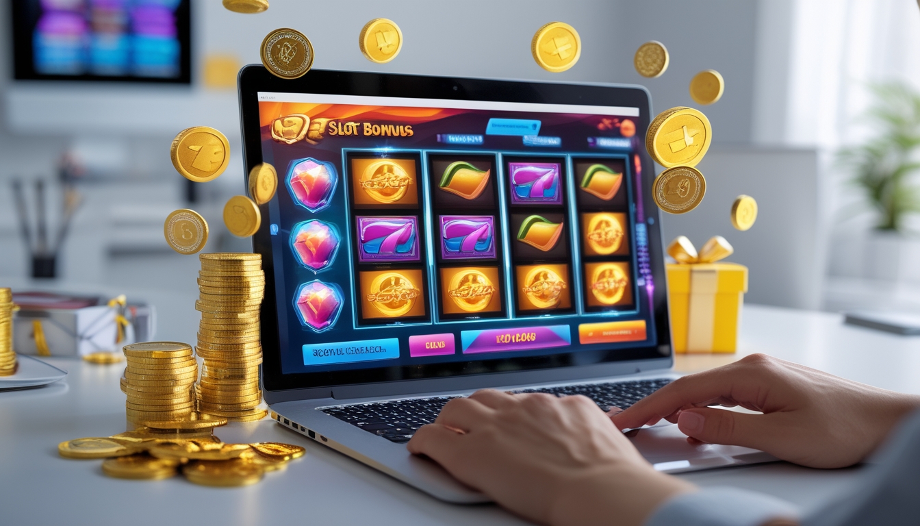 Meja kerja modern dengan laptop yang menampilkan permainan slot online, dikelilingi oleh koin dan hadiah digital, dengan tangan seseorang yang sedang menggunakan laptop.
