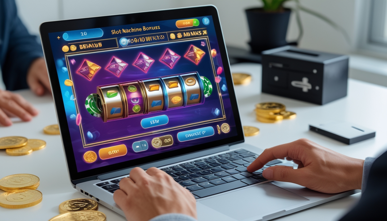 Seseorang menggunakan komputer dengan permainan slot online yang menampilkan ikon bonus dan koin di sekitar layar.