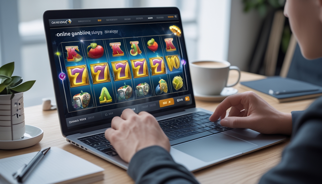 Seseorang bermain permainan slot online di depan komputer di ruang kerja yang terang dan rapi.