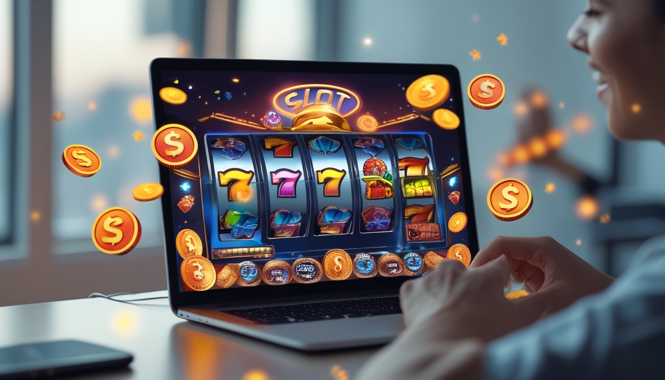 Seorang dewasa muda sedang bermain permainan slot online dengan laptop di meja kerja modern, tampak senang dan fokus.