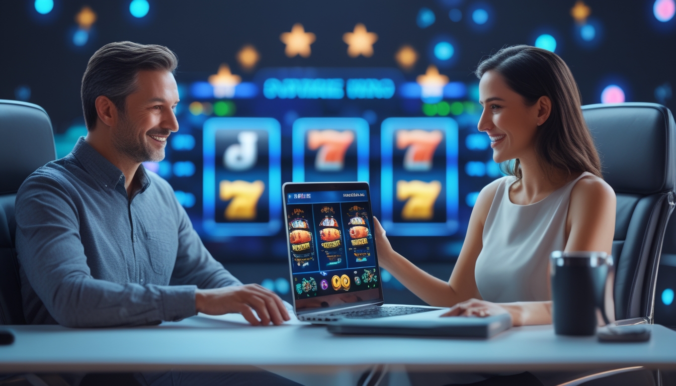 Seorang pria dan wanita dewasa sedang bermain permainan slot online di laptop mereka dalam suasana yang nyaman dan modern.