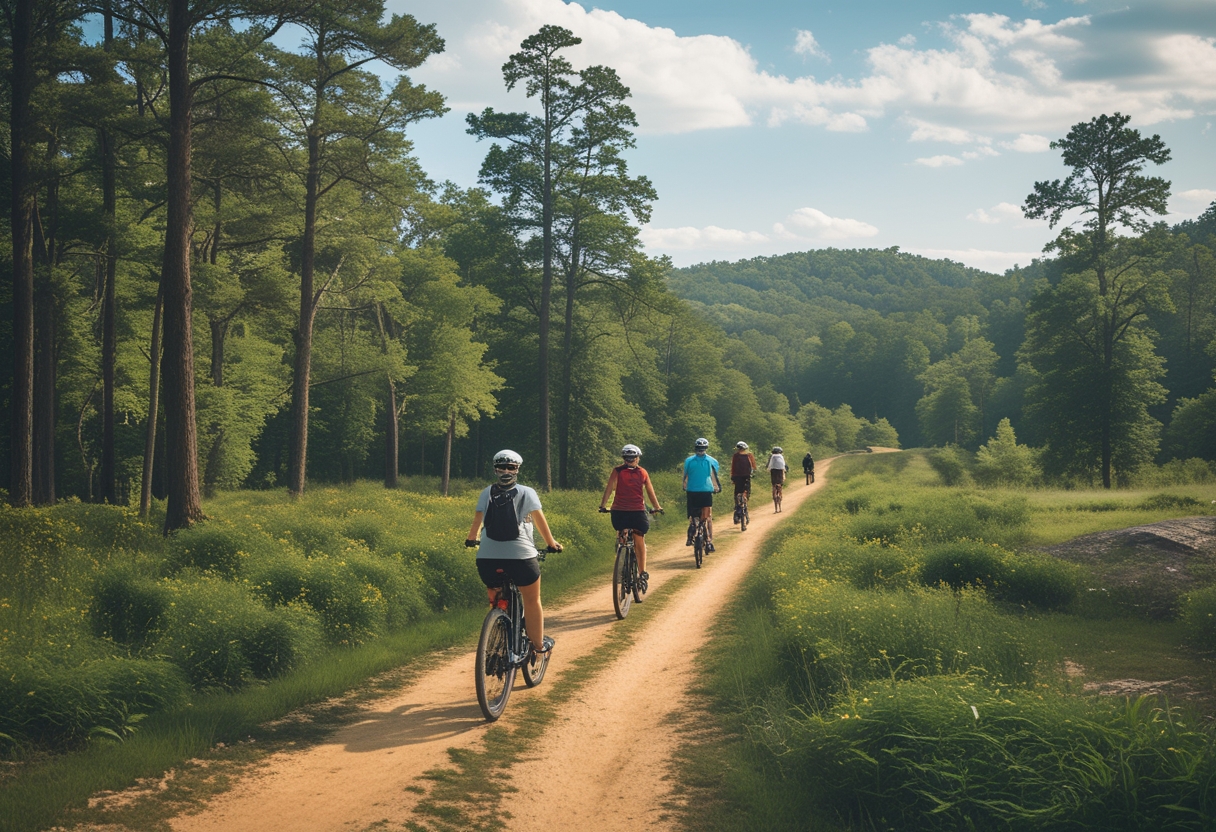 Cyclists riding e-bikes on a forest trail surrounded by trees and hills under a clear sky.