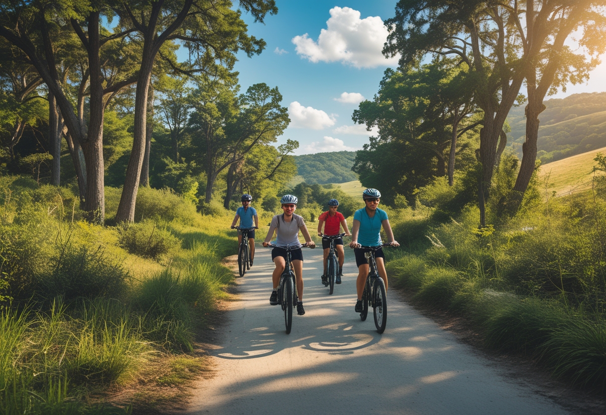 Cyclists riding electric bikes on a forested trail surrounded by trees and hills under a blue sky.