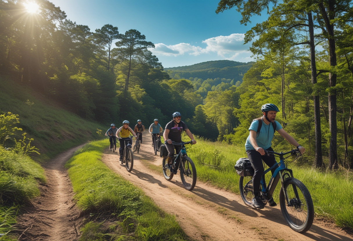 A group of people riding electric bikes on a forested dirt trail surrounded by trees and hills under a clear blue sky.