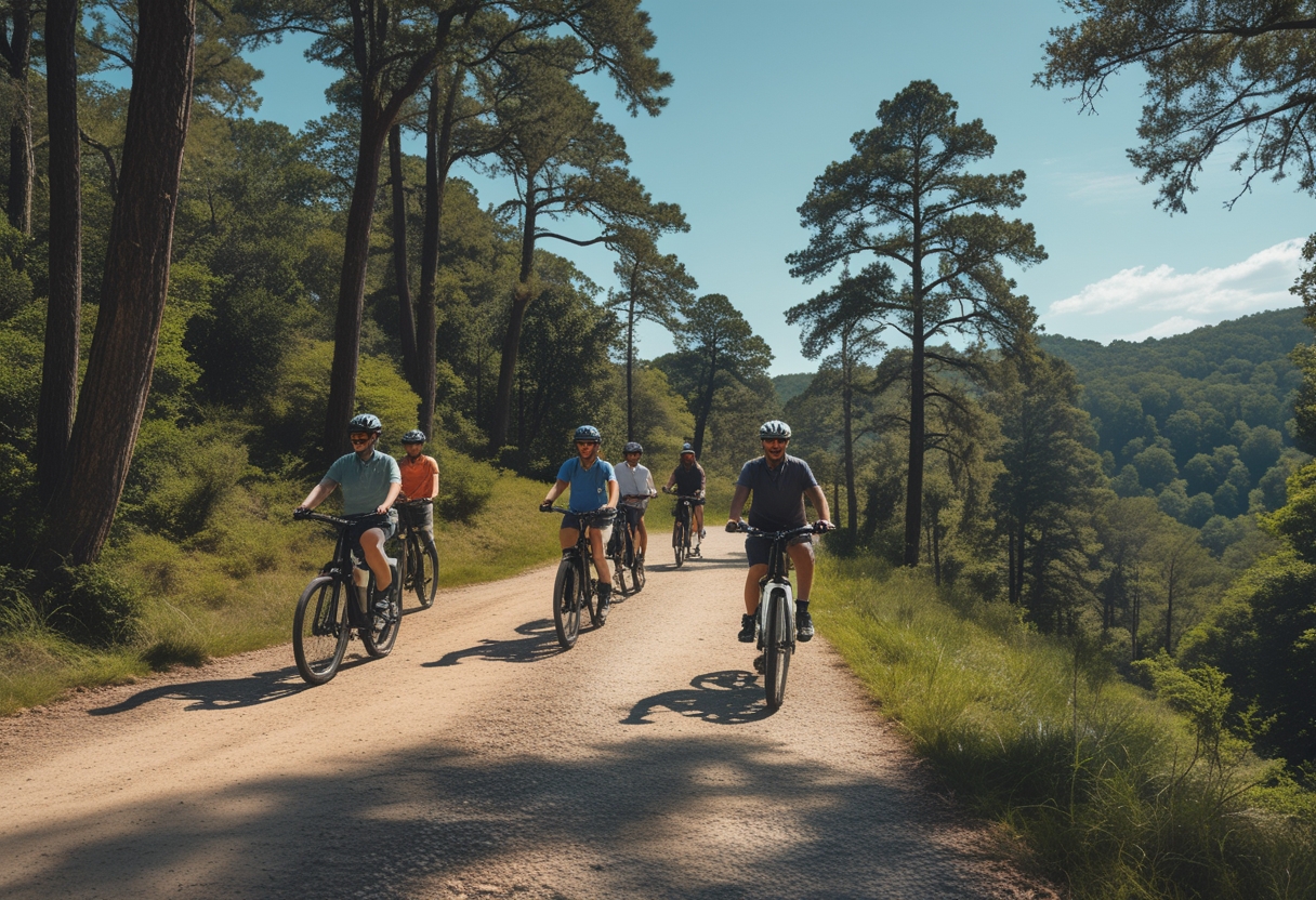 Cyclists riding electric bikes on a forest trail surrounded by green trees and hills under a clear blue sky.