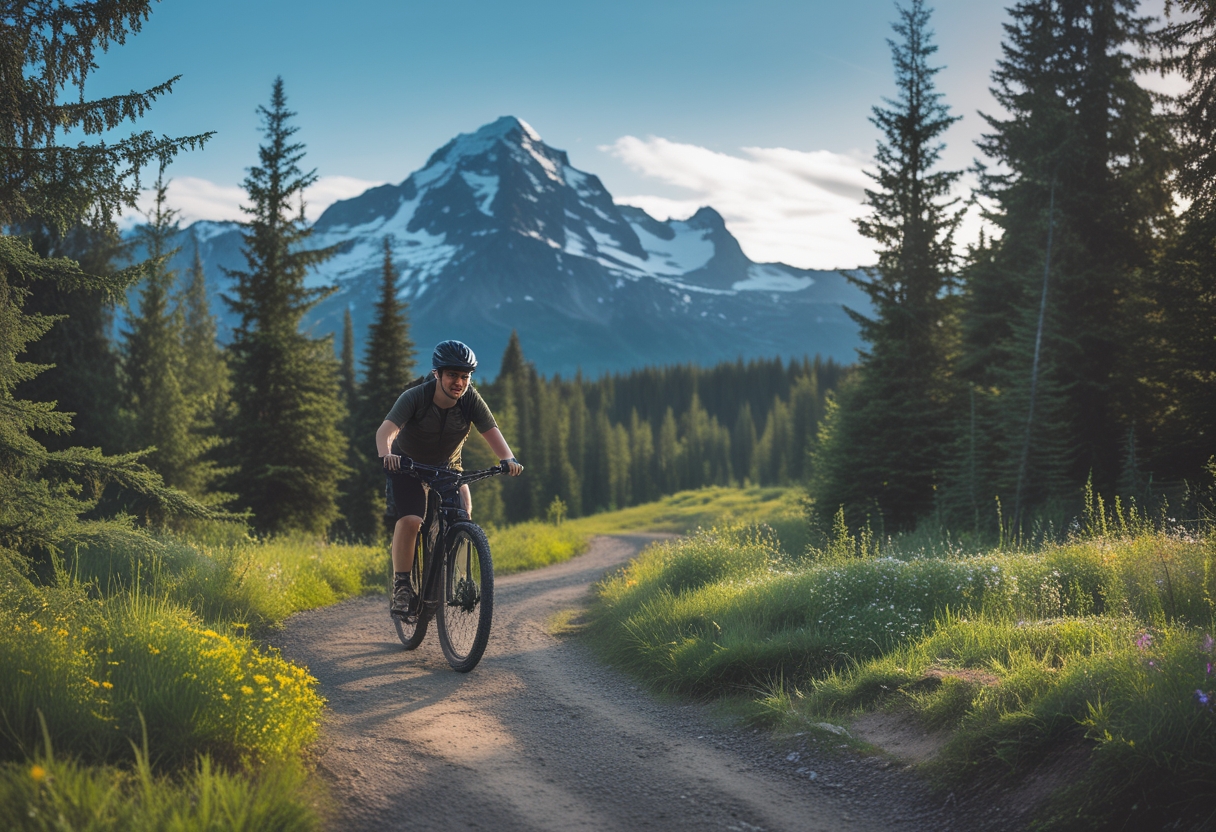 A person riding an electric bike on a forest trail with snow-capped mountains in the background under a clear blue sky.