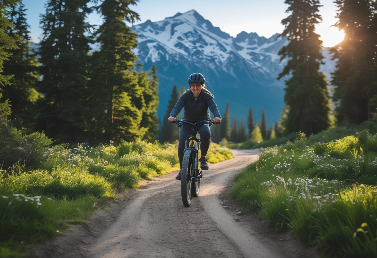A person riding an electric mountain bike on a forest trail with snow-capped mountains in the background.