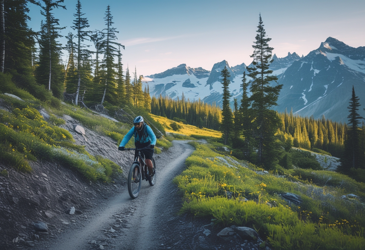 A cyclist rides an electric mountain bike on a forested trail with snow-capped mountains in the background.