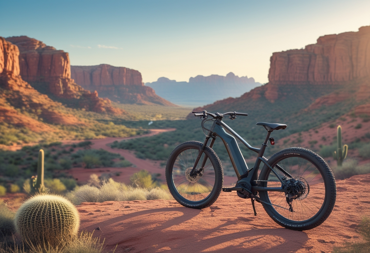 A modern electric mountain bike parked on a desert trail with red rock formations and desert plants under a clear blue sky.