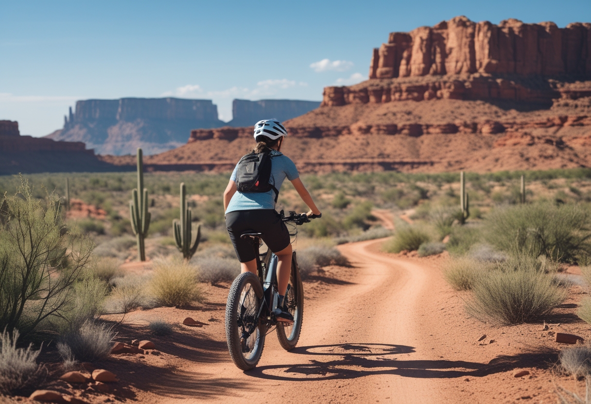 A person riding an electric mountain bike on a dirt trail through a desert landscape with red rocks and cacti under a clear blue sky.