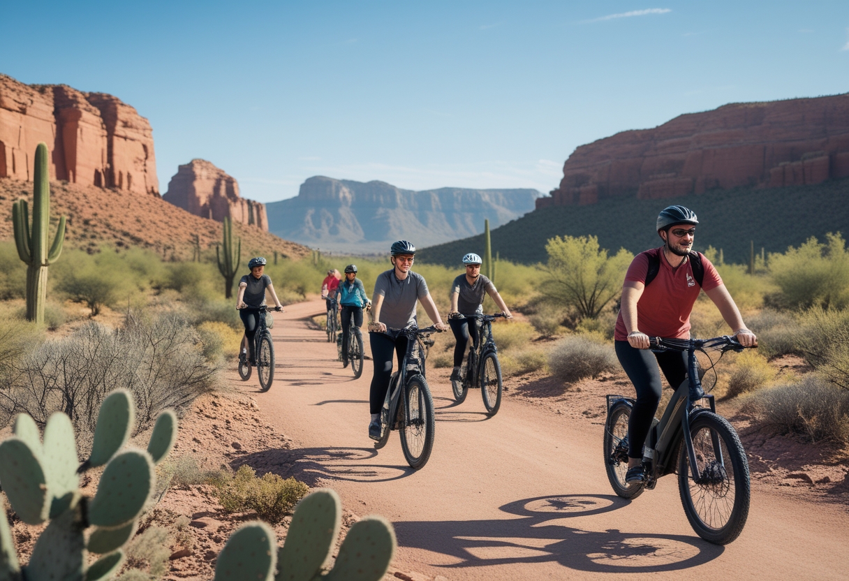 Cyclists riding electric bikes on a desert trail with red rock formations and clear blue sky in Arizona.