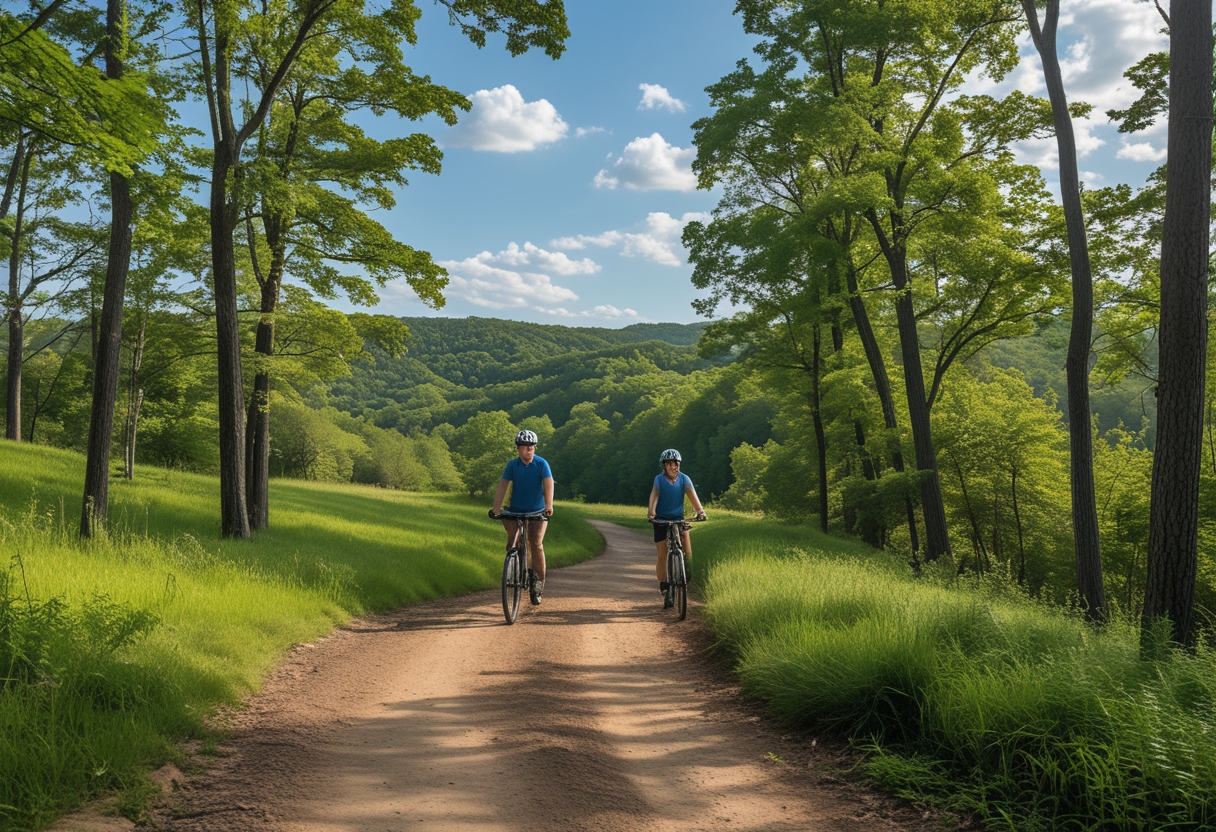 Two cyclists riding electric bikes on a forest trail surrounded by trees and hills under a blue sky.