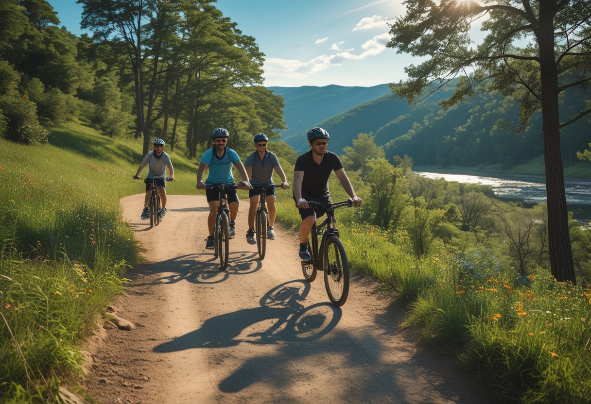 Cyclists riding e-bikes on a forest trail surrounded by trees, hills, and a river under a clear sky.