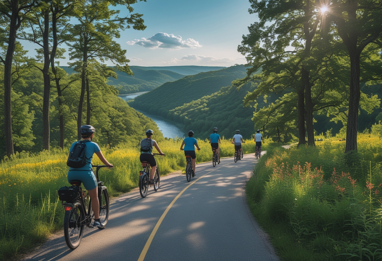 A group of cyclists riding electric bikes on a forested trail with hills and a river in the background.