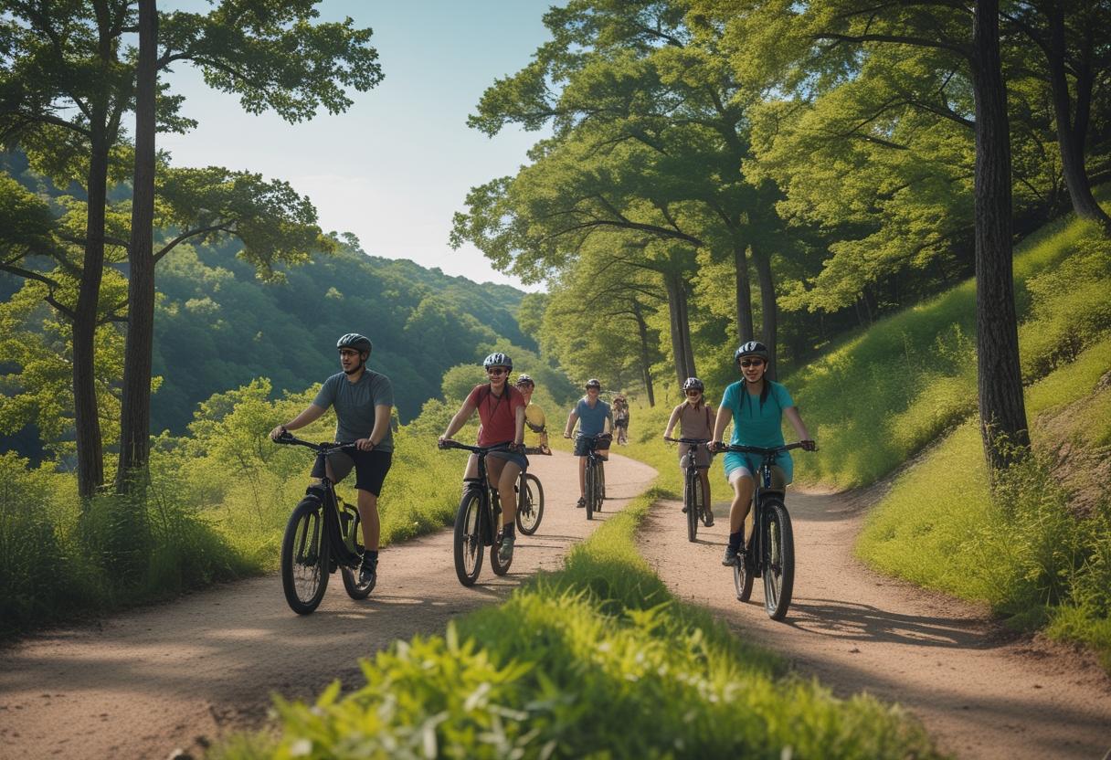 Cyclists riding electric bikes on a forest trail surrounded by green trees and hills under a clear blue sky.