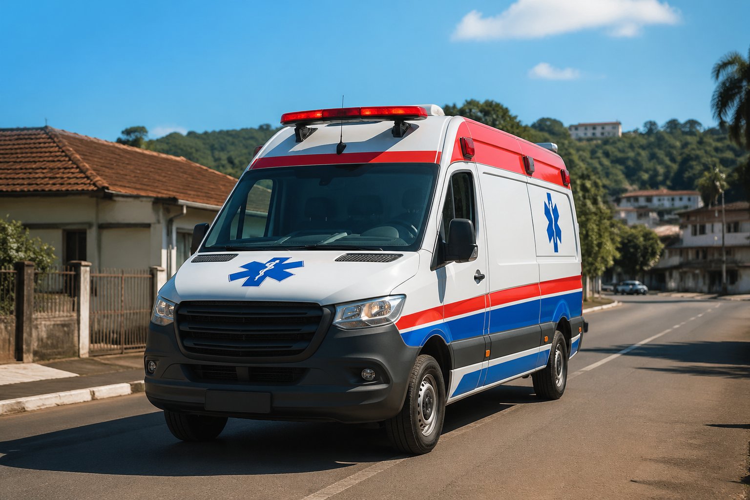 Ambulância branca com marcações de emergência estacionada em uma rua limpa de uma pequena cidade com casas e árvores ao fundo.