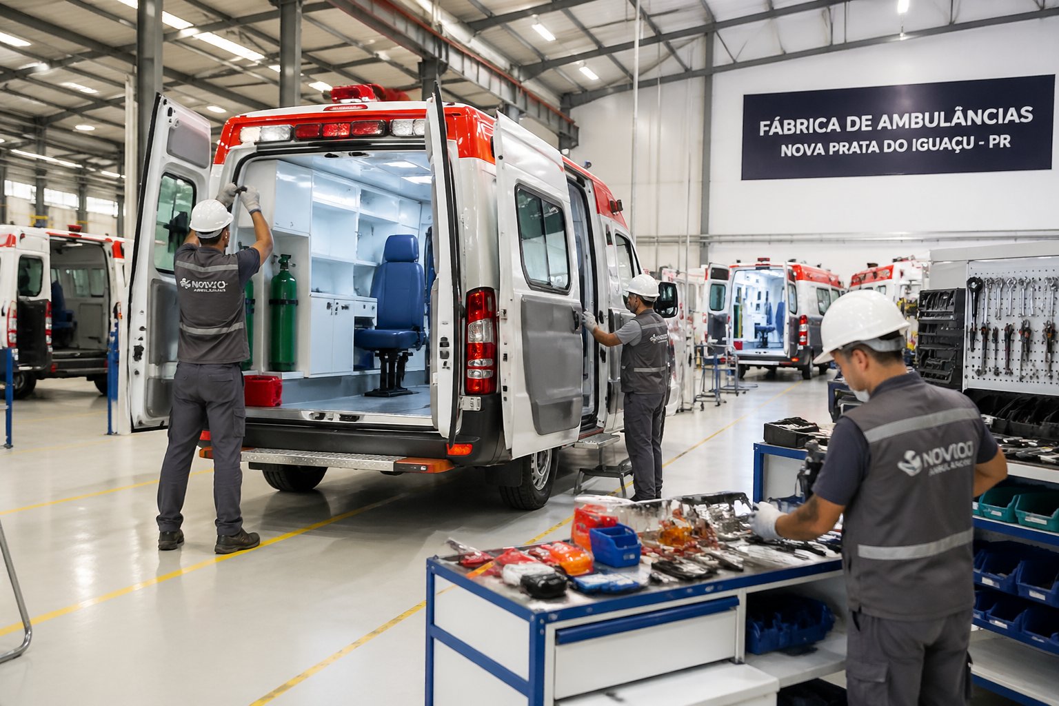 Técnicos trabalhando na fabricação e personalização de uma ambulância em uma fábrica moderna.