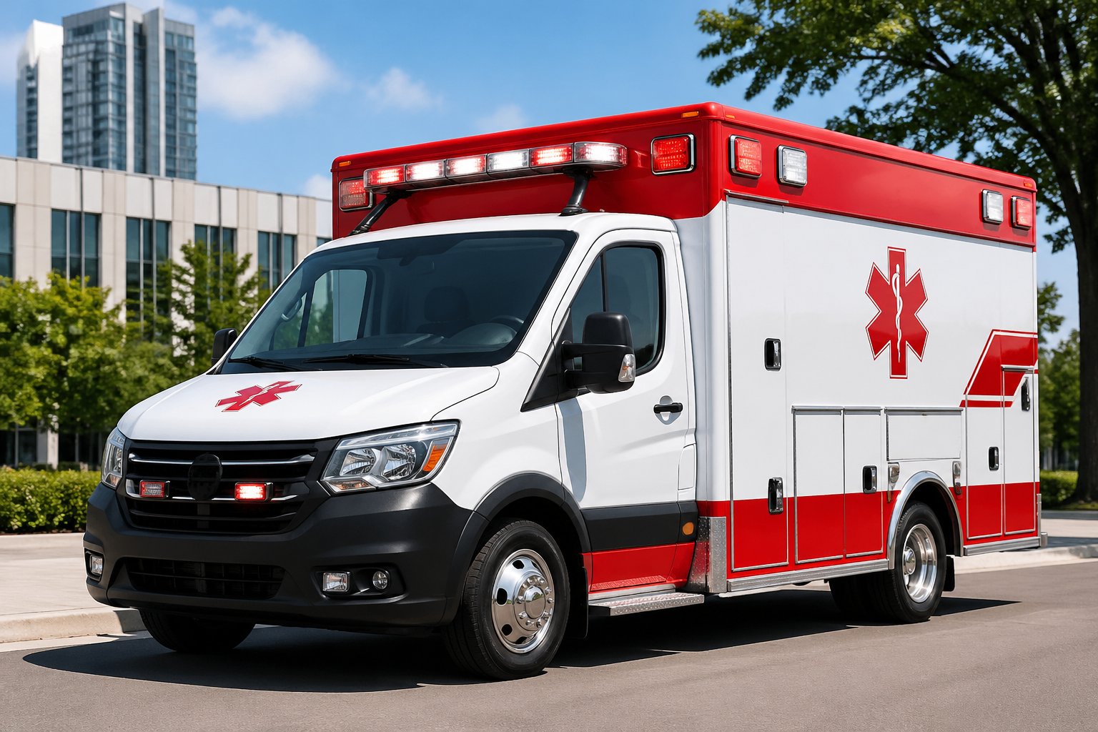 Ambulância moderna estacionada em uma área urbana de Capitão Leônidas Marques, com prédios e árvores ao fundo.