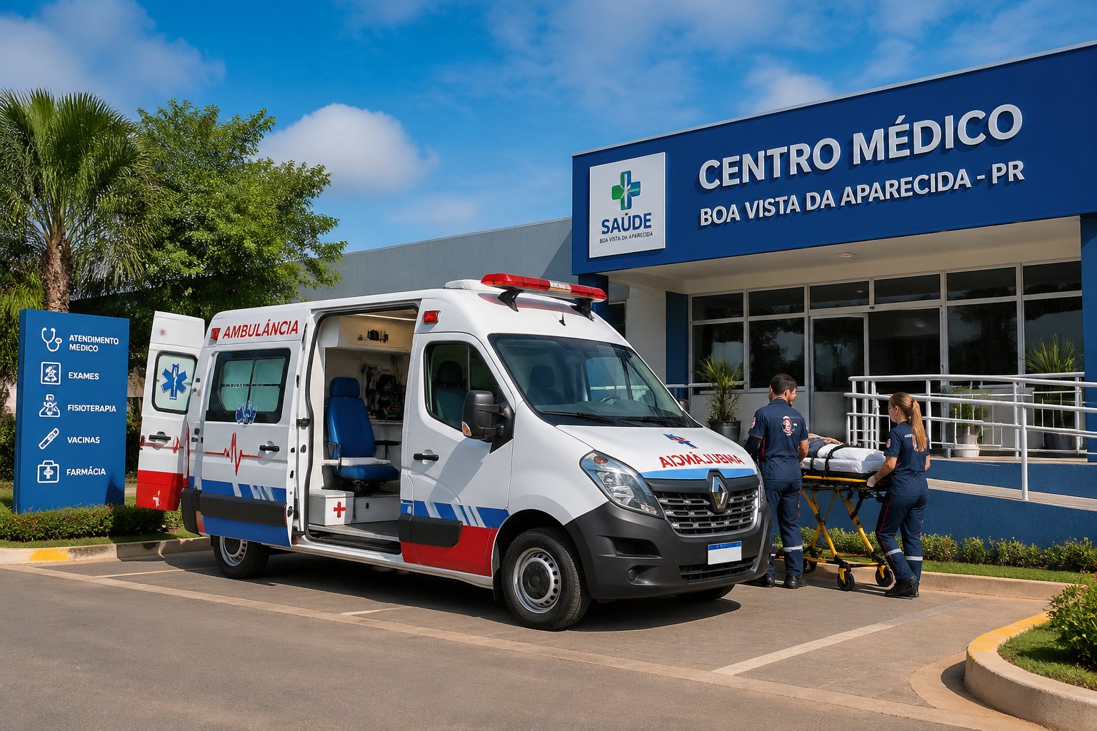 Ambulância estacionada em frente a um centro de saúde em Boa Vista da Aparecida, com profissionais de saúde próximos.