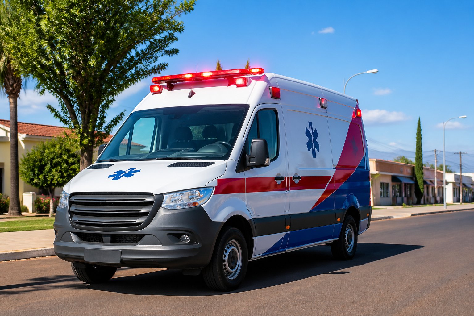 Ambulância moderna estacionada em uma rua limpa em Boa Vista da Aparecida, com céu claro e prédios ao fundo.
