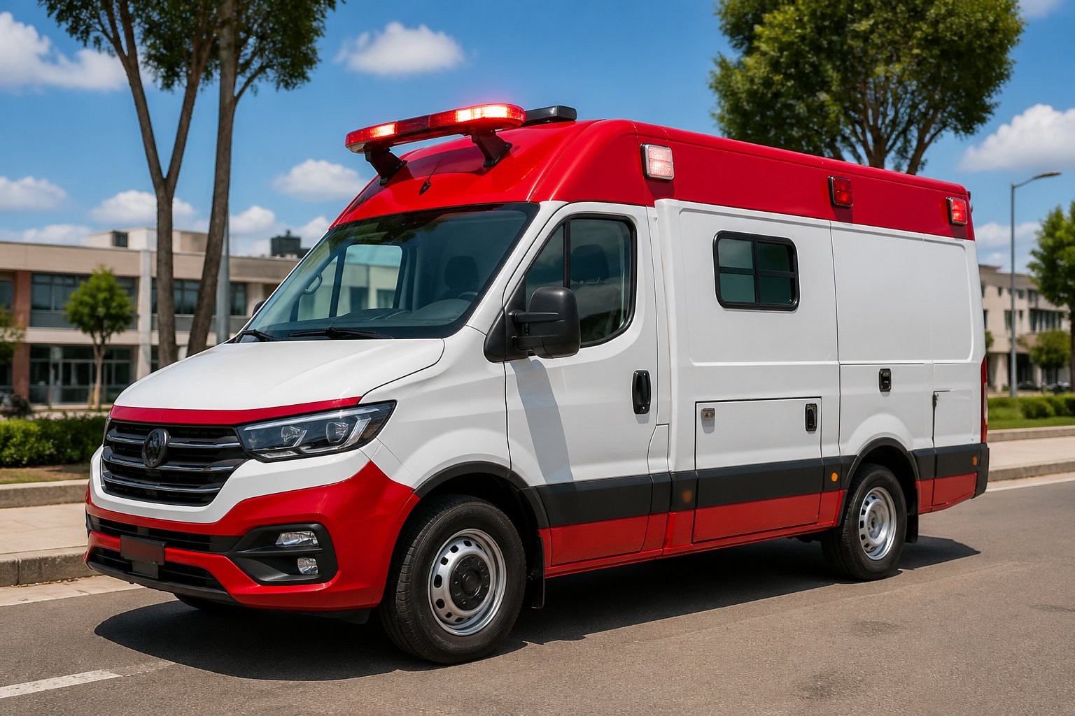 Ambulância em Três Barras do Paraná: Serviços de Transporte Médico de Emergência na Região Ambulância moderna estacionada em uma rua da cidade de Três Barras do Paraná, com árvores e prédios ao fundo.
