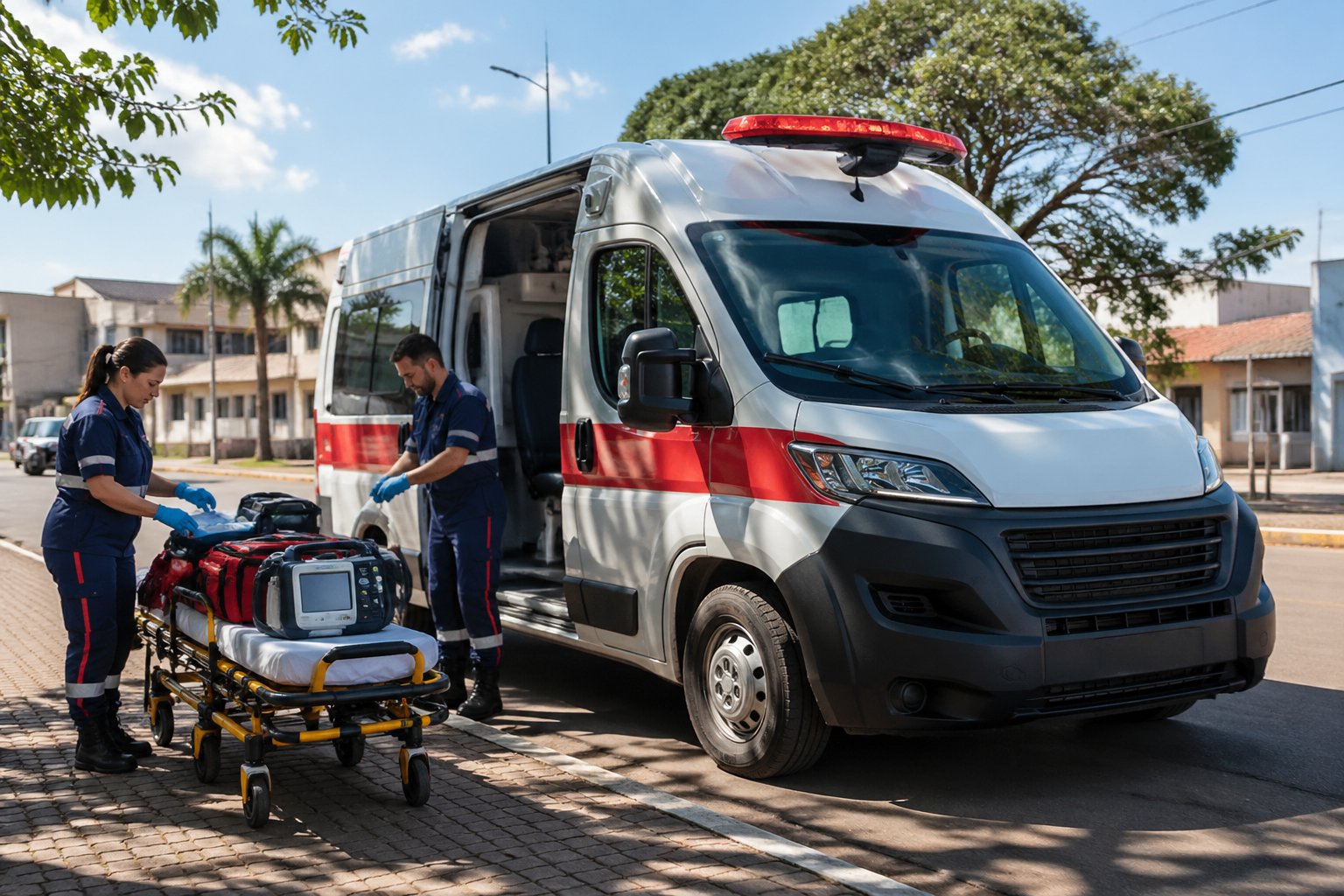 Ambulância em Três Barras do Paraná: Serviços de Transporte Médico de Emergência na Região Ambulância estacionada em uma rua de Três Barras do Paraná com paramédicos ao lado, equipamentos de emergência e prédios ao fundo.