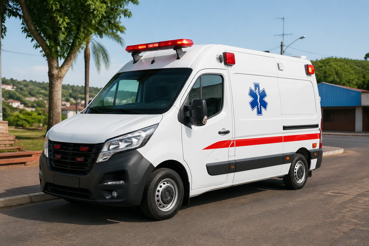 Ambulância em Quedas do Iguaçu: Serviços de Emergência e Atendimento Médico na Região Ambulância moderna estacionada em uma rua de Quedas do Iguaçu, com edifícios e árvores ao fundo.