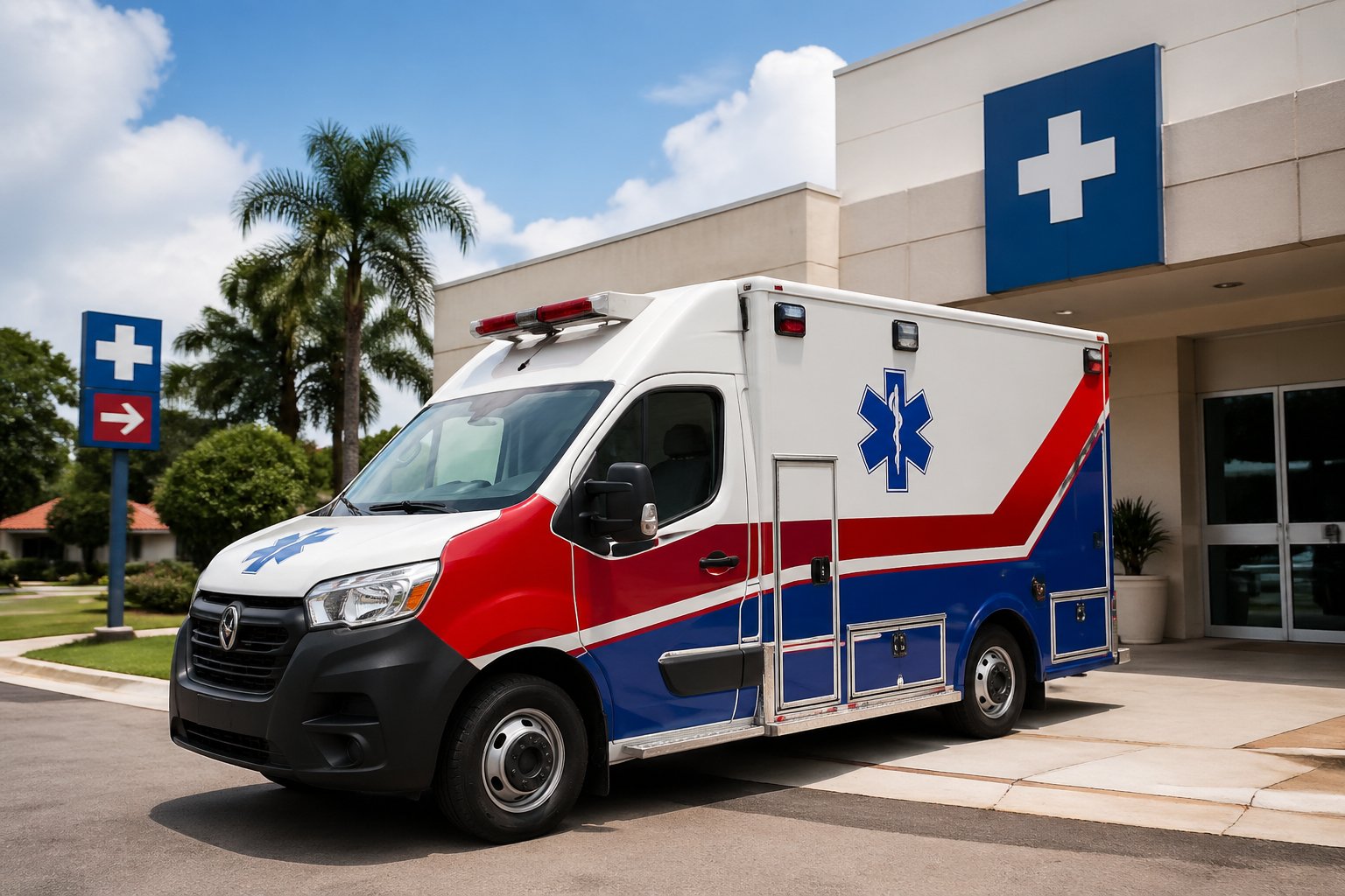 Ambulância em Quedas do Iguaçu: Serviços de Emergência e Atendimento Médico na Região Ambulância moderna estacionada em frente a um hospital em Quedas do Iguaçu, com céu claro e vegetação ao redor.