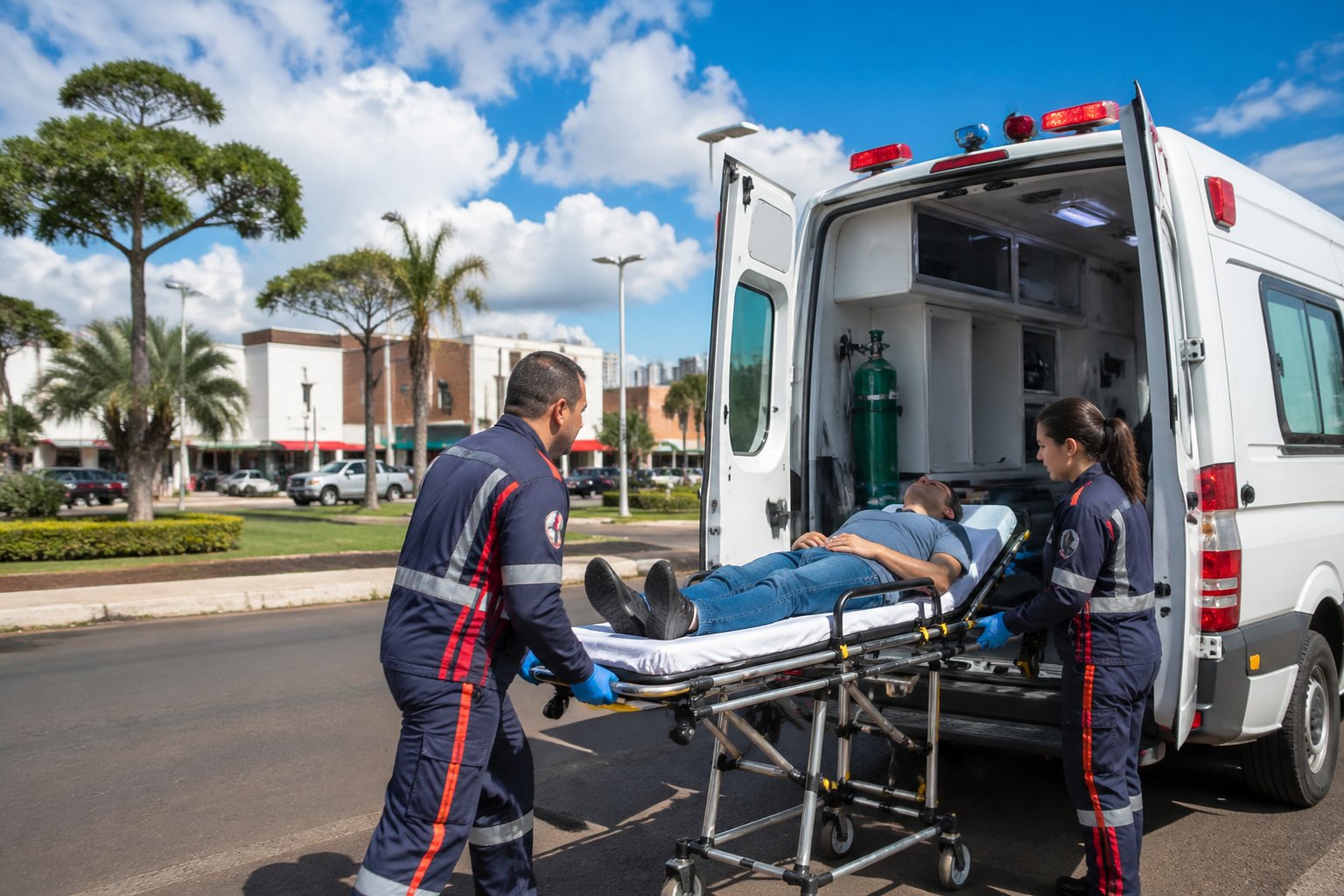 Ambulância estacionada em uma rua urbana de Lindoeste com profissionais de saúde atendendo um paciente em uma maca ao lado do veículo.