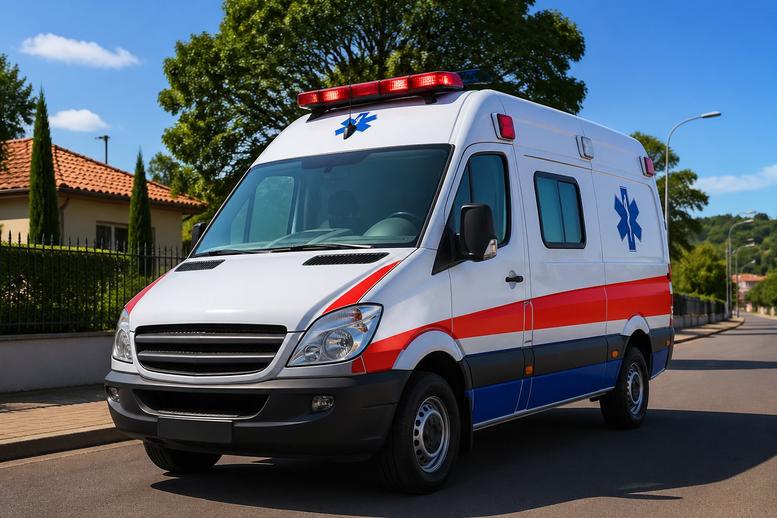 Ambulância branca com marcas vermelhas e azuis estacionada em uma rua tranquila de uma pequena cidade com árvores e casas ao fundo.