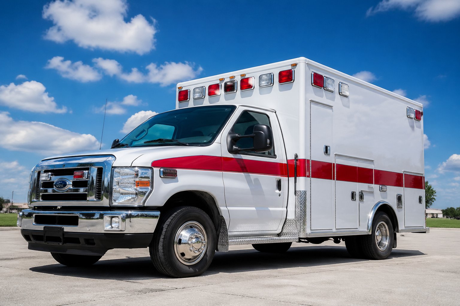 Ambulância moderna estacionada sob um céu azul claro e ensolarado.