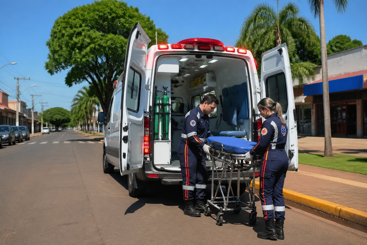 Ambulância estacionada em uma rua de Céu Azul com profissionais de saúde se preparando para atendimento de urgência.