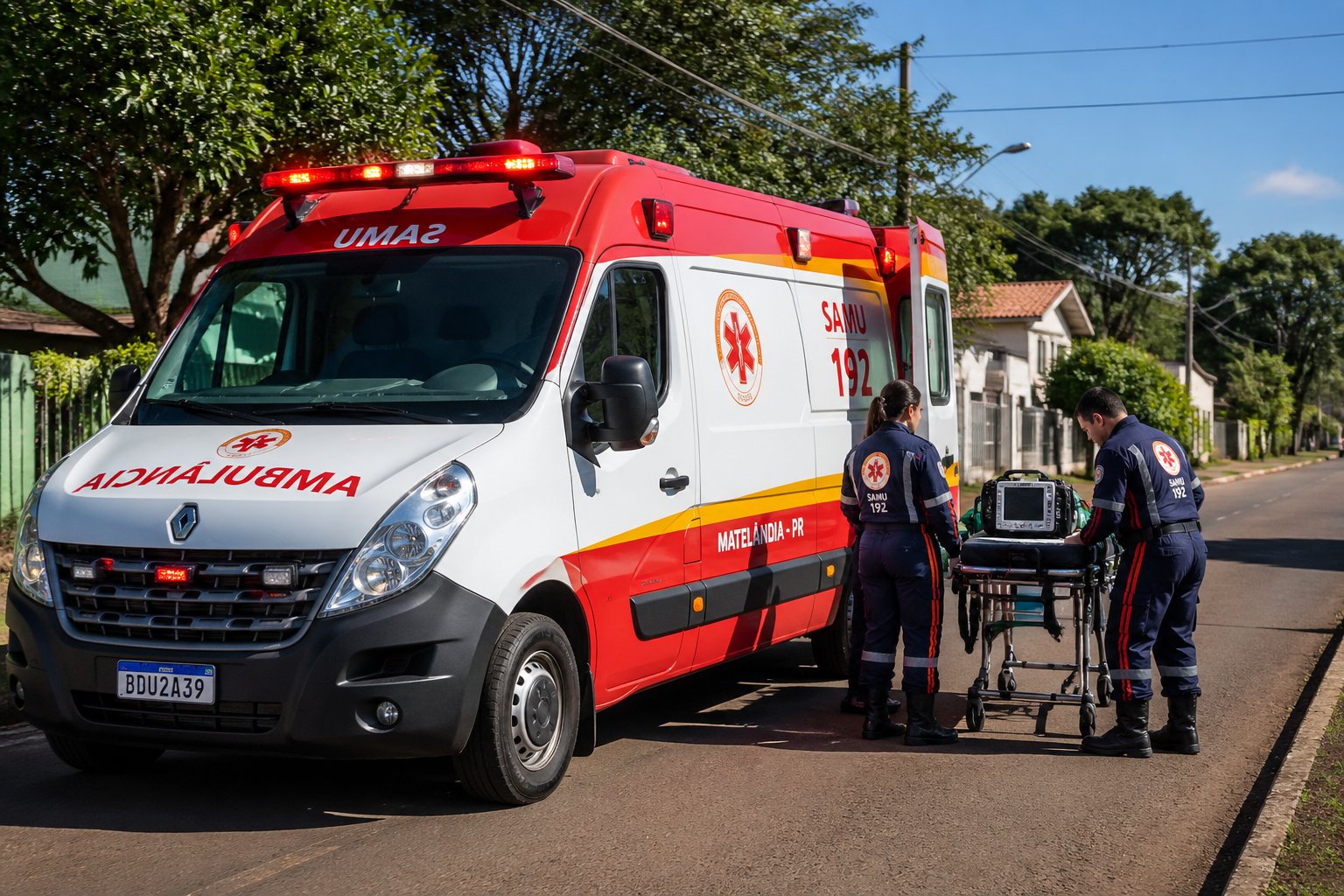 Ambulância em Matelândia: Serviços de Transporte Médico de Emergência na Região Ambulância do SAMU estacionada em uma rua de Matelândia com paramédicos preparando equipamentos médicos.