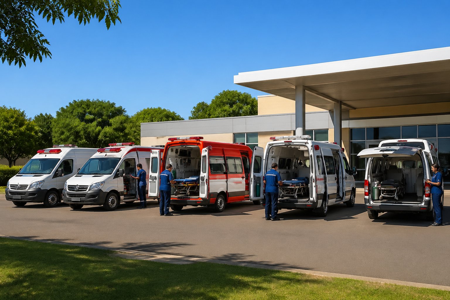 Ambulância em Matelândia: Serviços de Transporte Médico de Emergência na Região Vários tipos de ambulâncias estacionadas em frente a uma unidade médica em Matelândia, com profissionais de saúde próximos aos veículos.