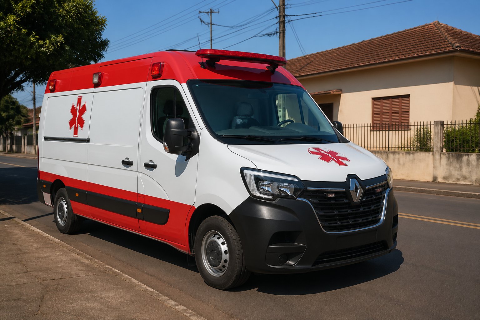 Ambulância moderna estacionada em uma rua tranquila de Santa Tereza do Oeste, com casas e árvores ao fundo.