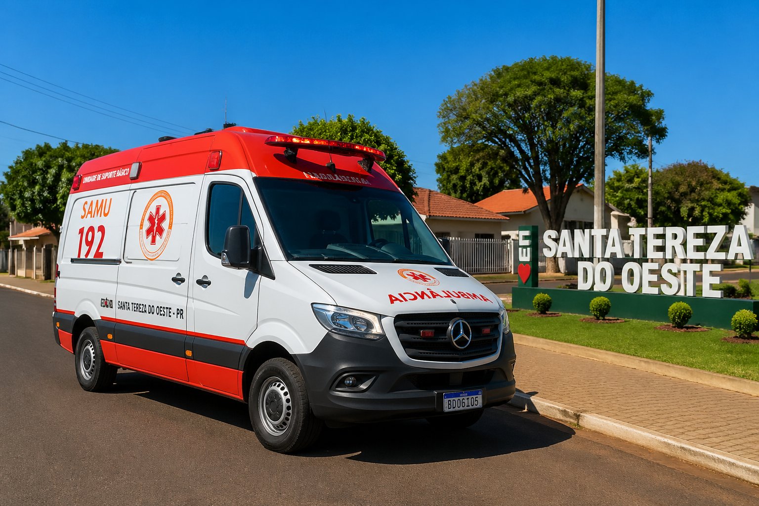 Ambulância estacionada em uma rua pavimentada de uma pequena cidade com casas e árvores ao redor.