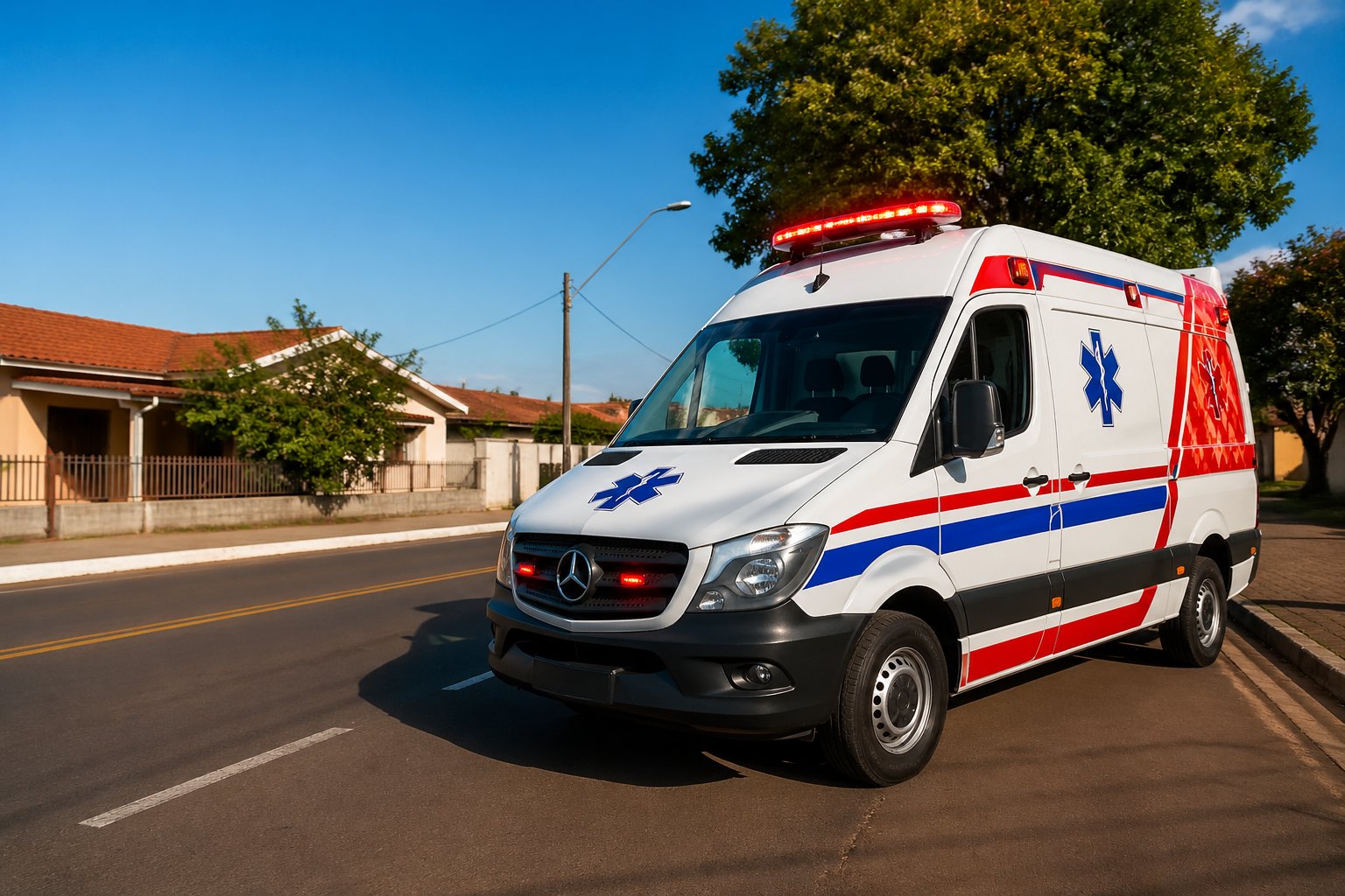 Ambulância branca com marcas vermelhas e azuis estacionada em uma rua tranquila de uma pequena cidade com casas e árvores ao fundo.