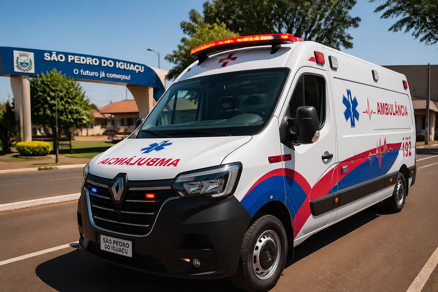 Ambulância branca com marcas vermelhas e azuis estacionada em uma rua limpa de São Pedro do Iguaçu, com árvores e construções ao fundo.